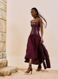 Vestido Midi Strapless con Corset Burdeos
