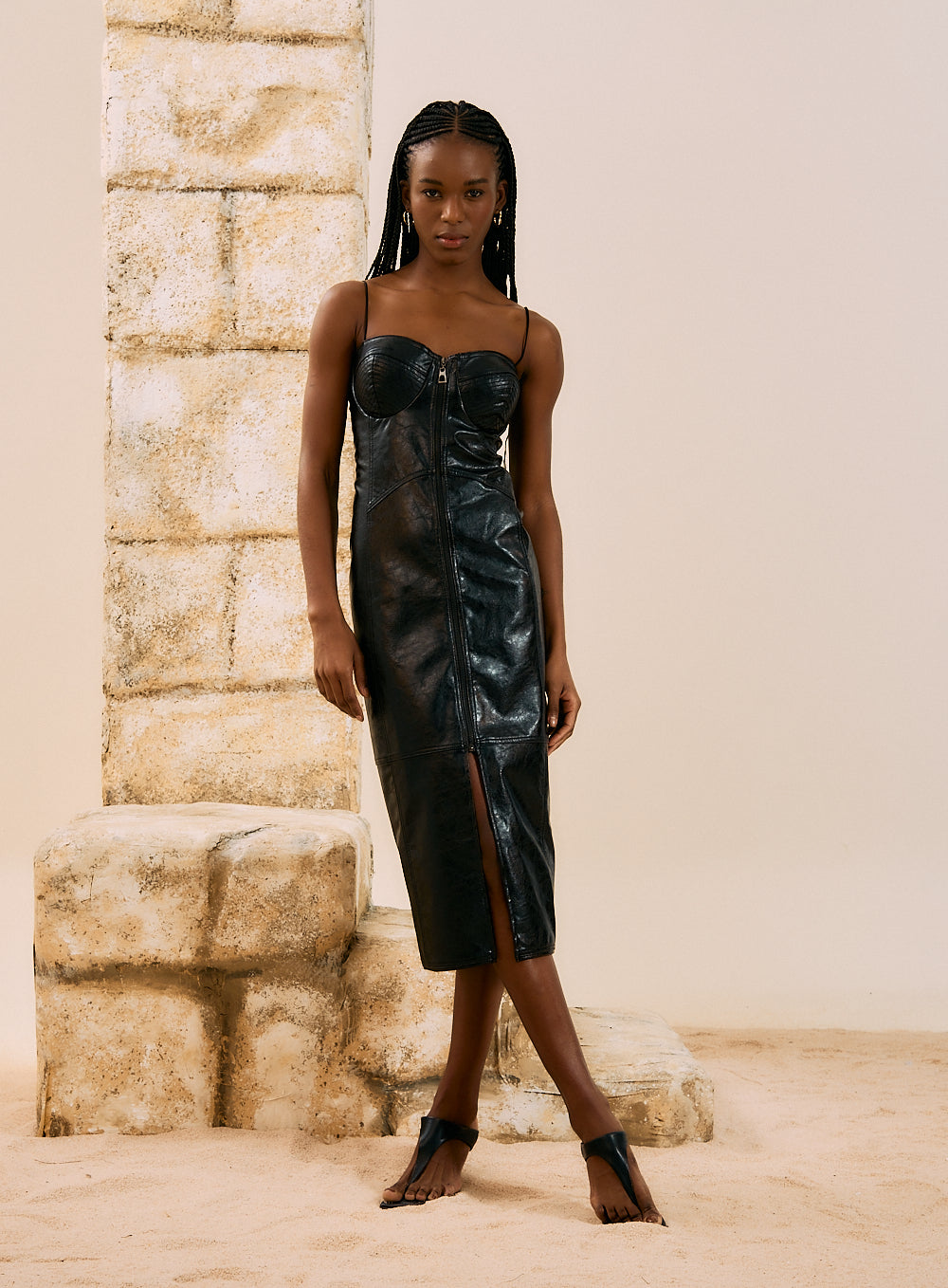 Vestido Midi Corset Efecto Cuero Negro