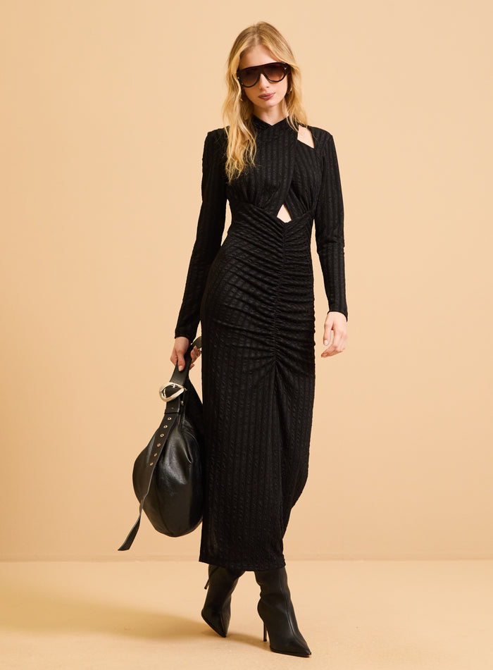 Vestido Midi Negro Ajustado con Recortes Forum Mujer
