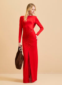 Vestido Largo Rojo Drapeado Espalda Escotada Forum