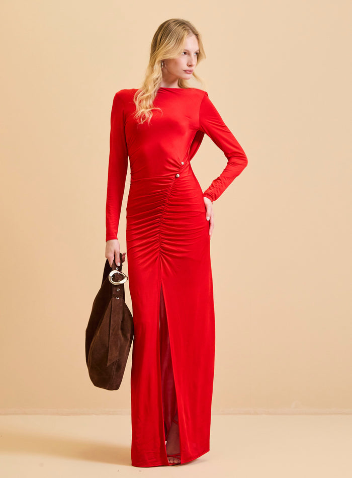 Vestido Largo Rojo Drapeado Espalda Escotada Forum