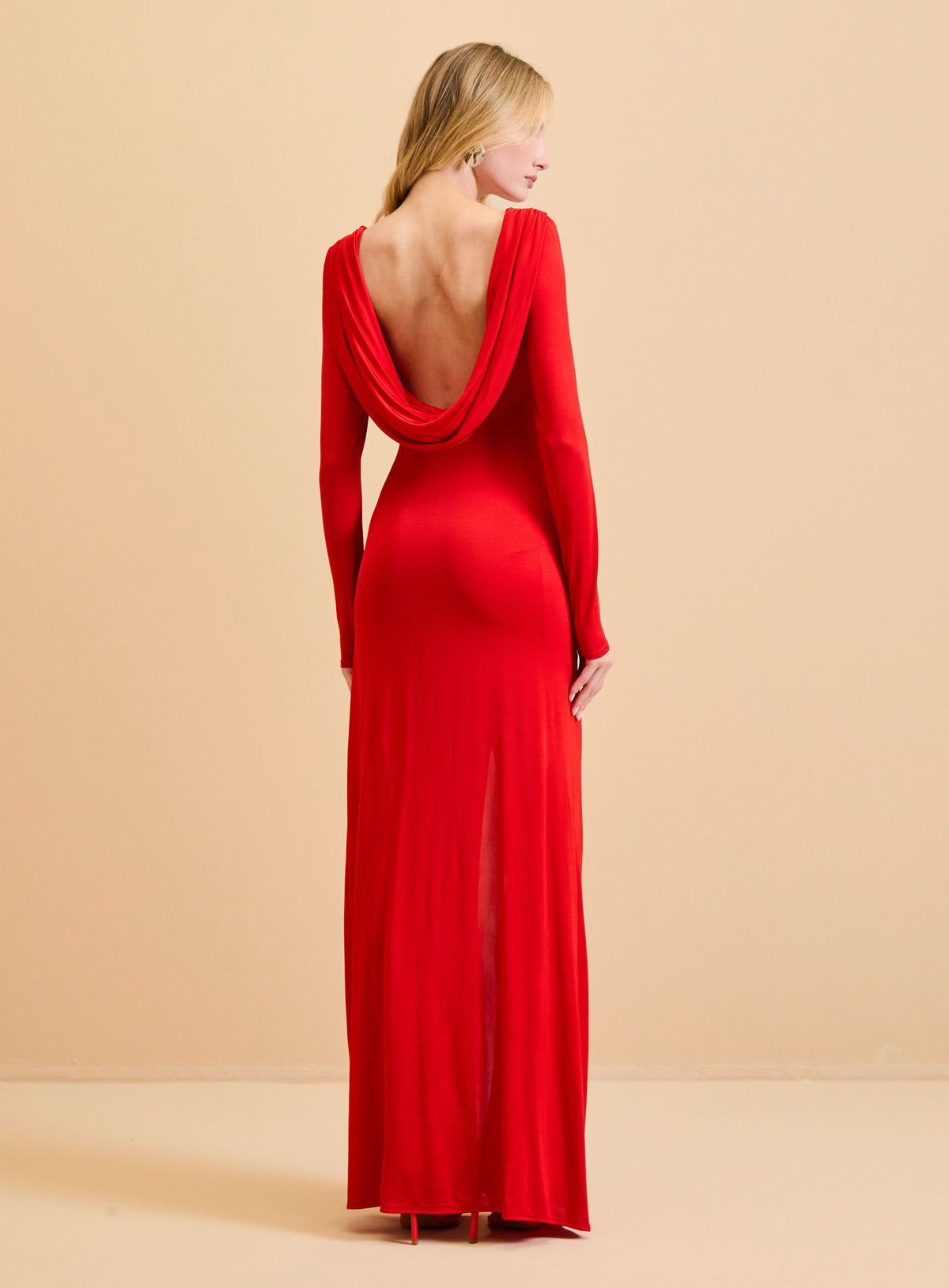 Vestido Largo Rojo Drapeado Espalda Escotada Forum
