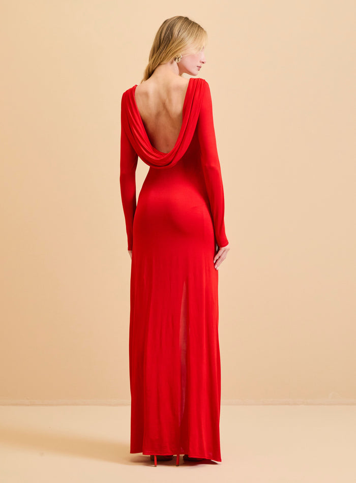 Vestido Largo Rojo Drapeado Espalda Escotada Forum