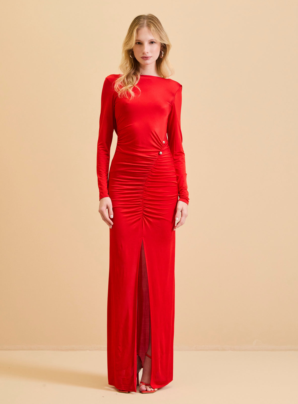 Vestido Largo Rojo Drapeado Espalda Escotada Forum
