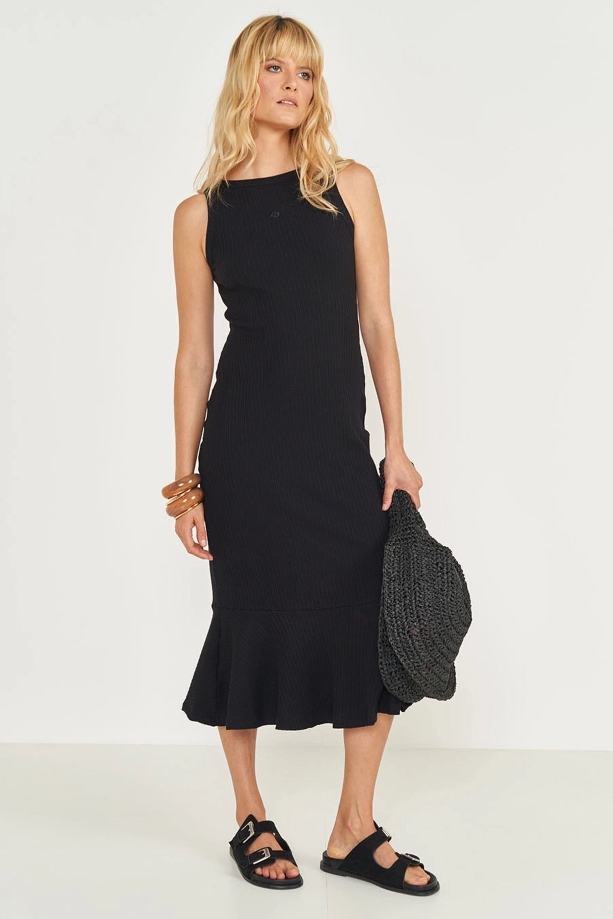 Vestido Midi Slim Canelado Peplum