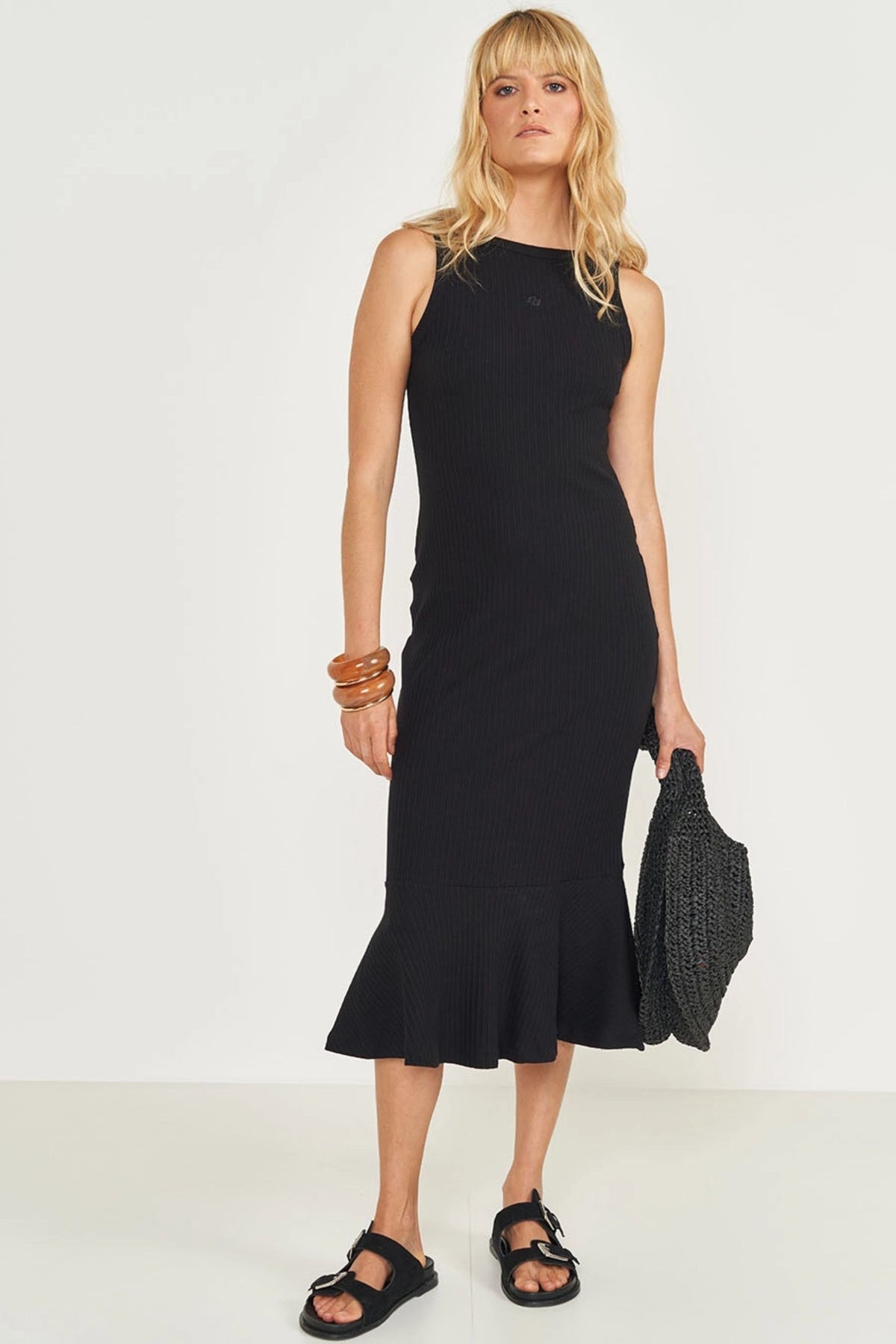 Vestido Midi Slim Canelado Peplum