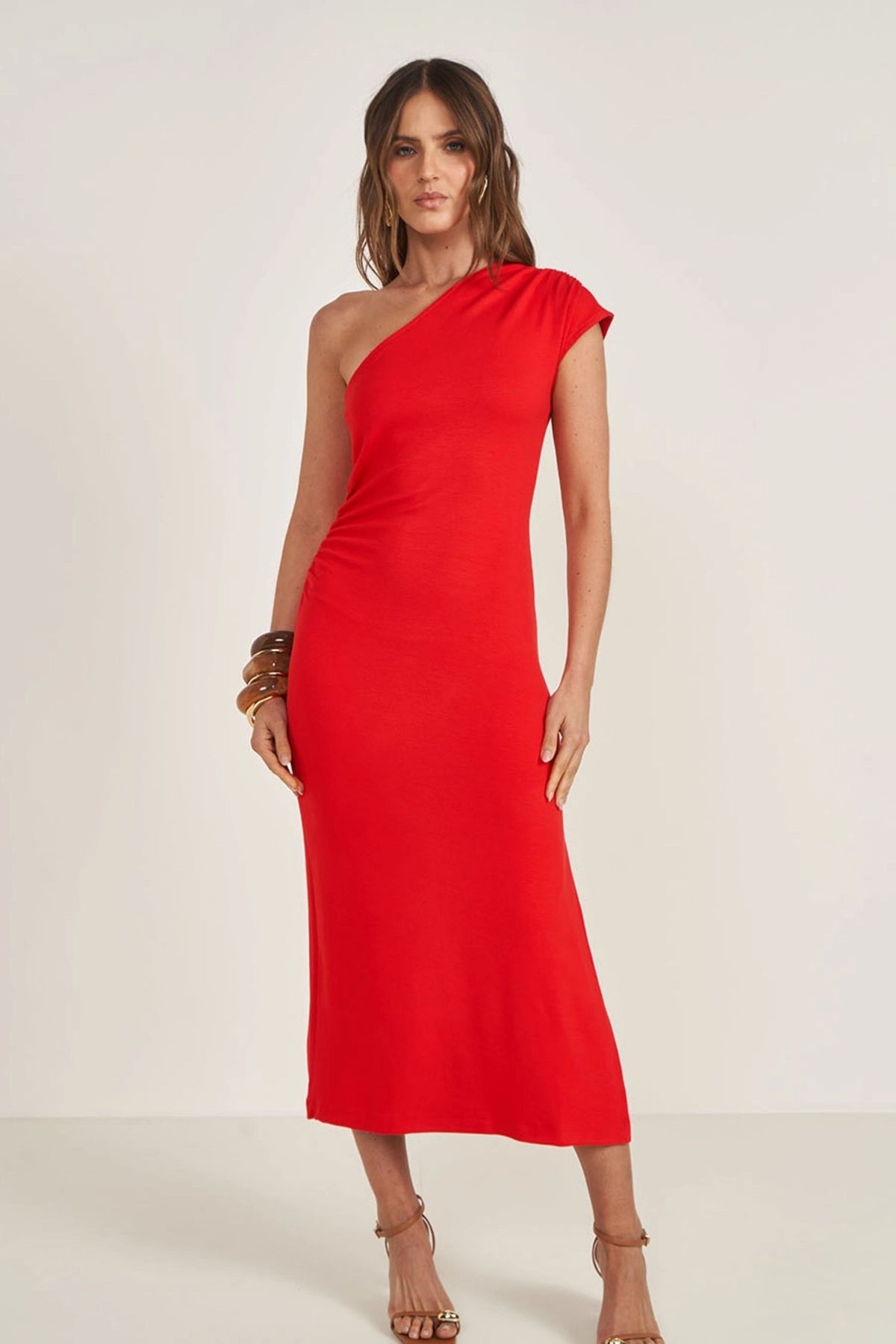 Vestido Midi Asimétrico de Una Manga Drapeado