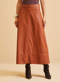 Falda Midi Efecto Cuero Caramelo Evasé Forum Mujer