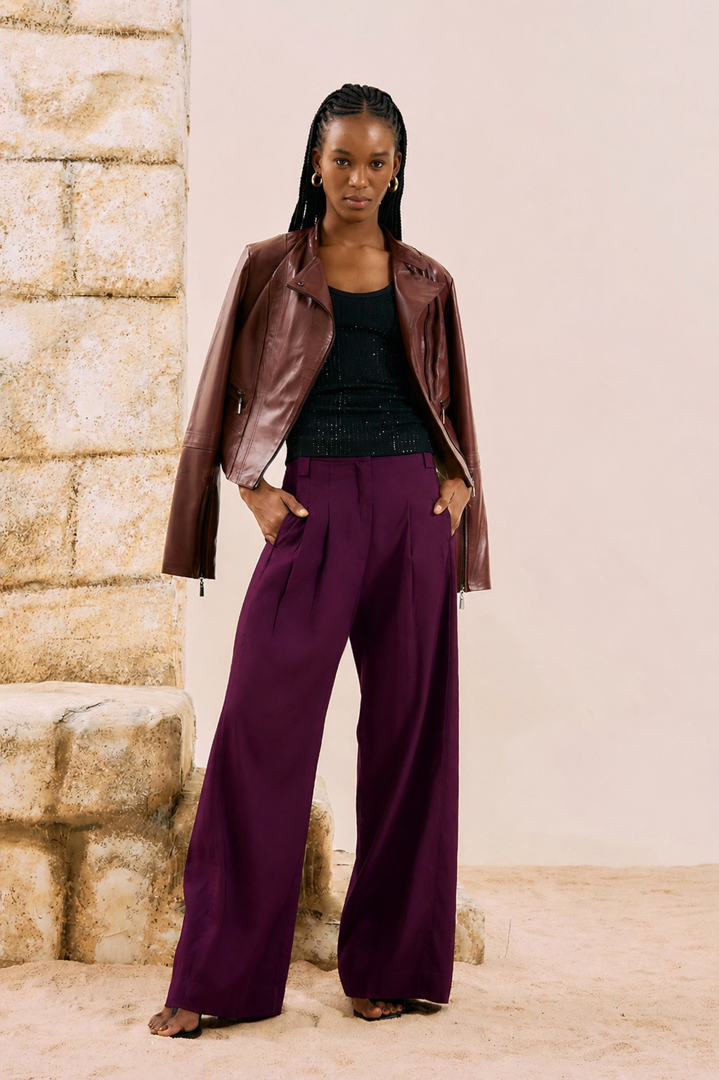 Calza Pantalona de Sastrería con Pliegues Burdeo