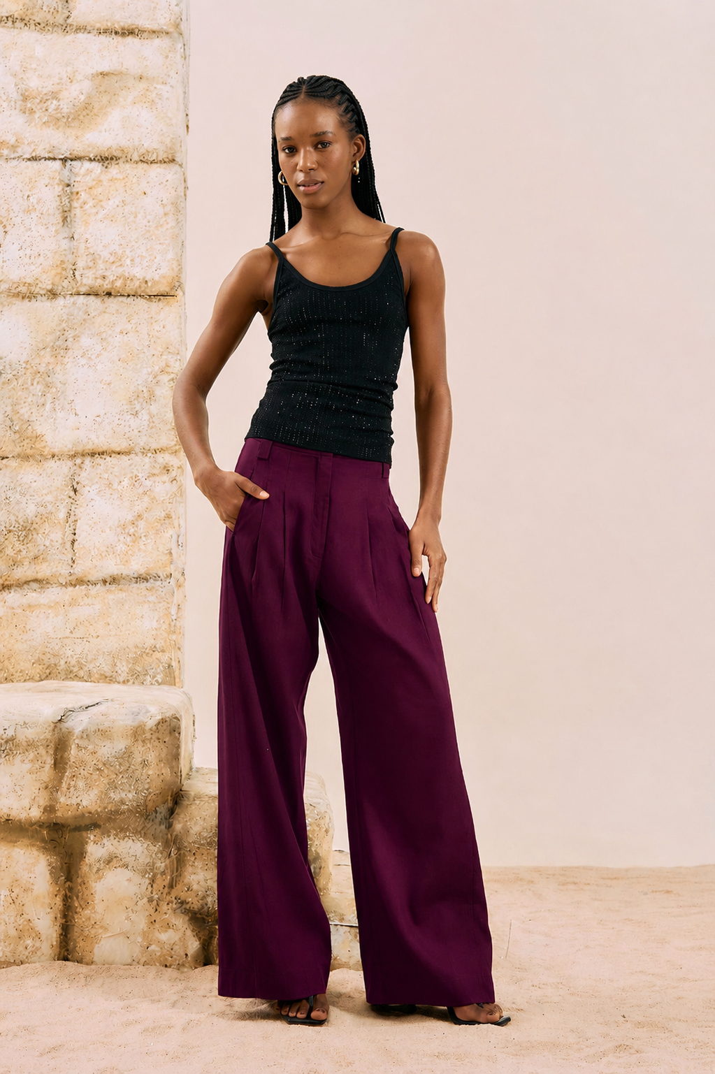 Calza Pantalona de Sastrería con Pliegues Burdeo