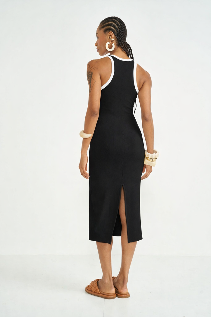 Vestido Midi Slim Canelado Contrast