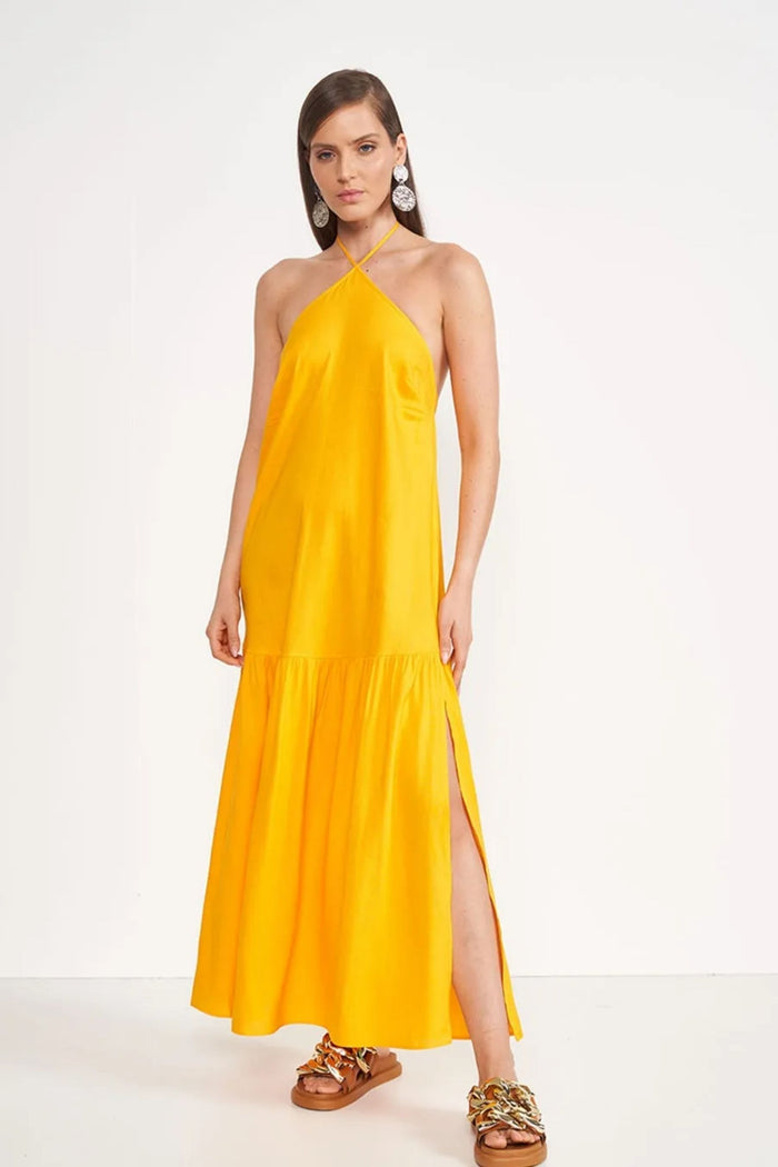 Vestido Suelto Con Lino y Abertura