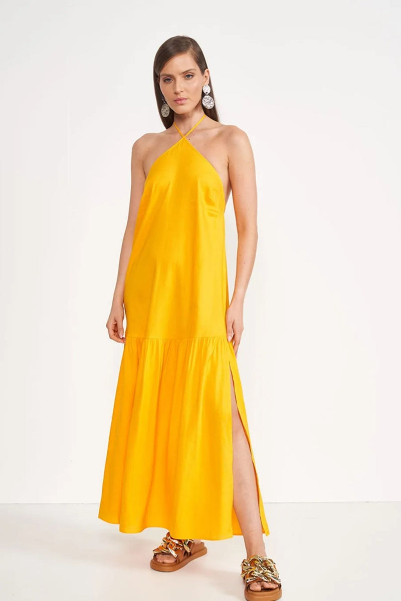 Vestido Suelto Con Lino y Abertura