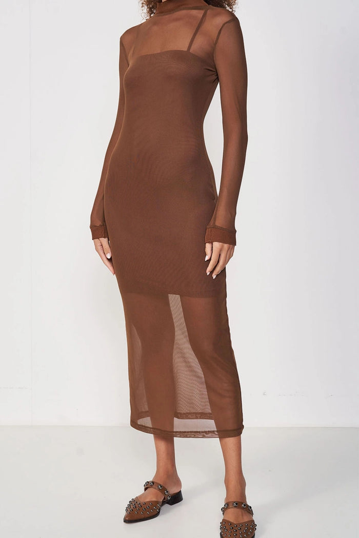Vestido Tule Midi Manga Larga  – Marrón – Colcci