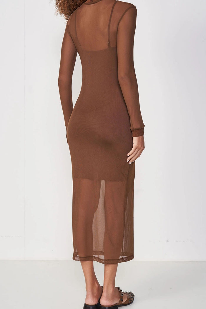 Vestido Tule Midi Manga Larga  – Marrón – Colcci