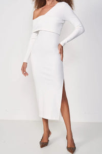 Vestido Asimétrico Manga Larga – Off White – Colcci